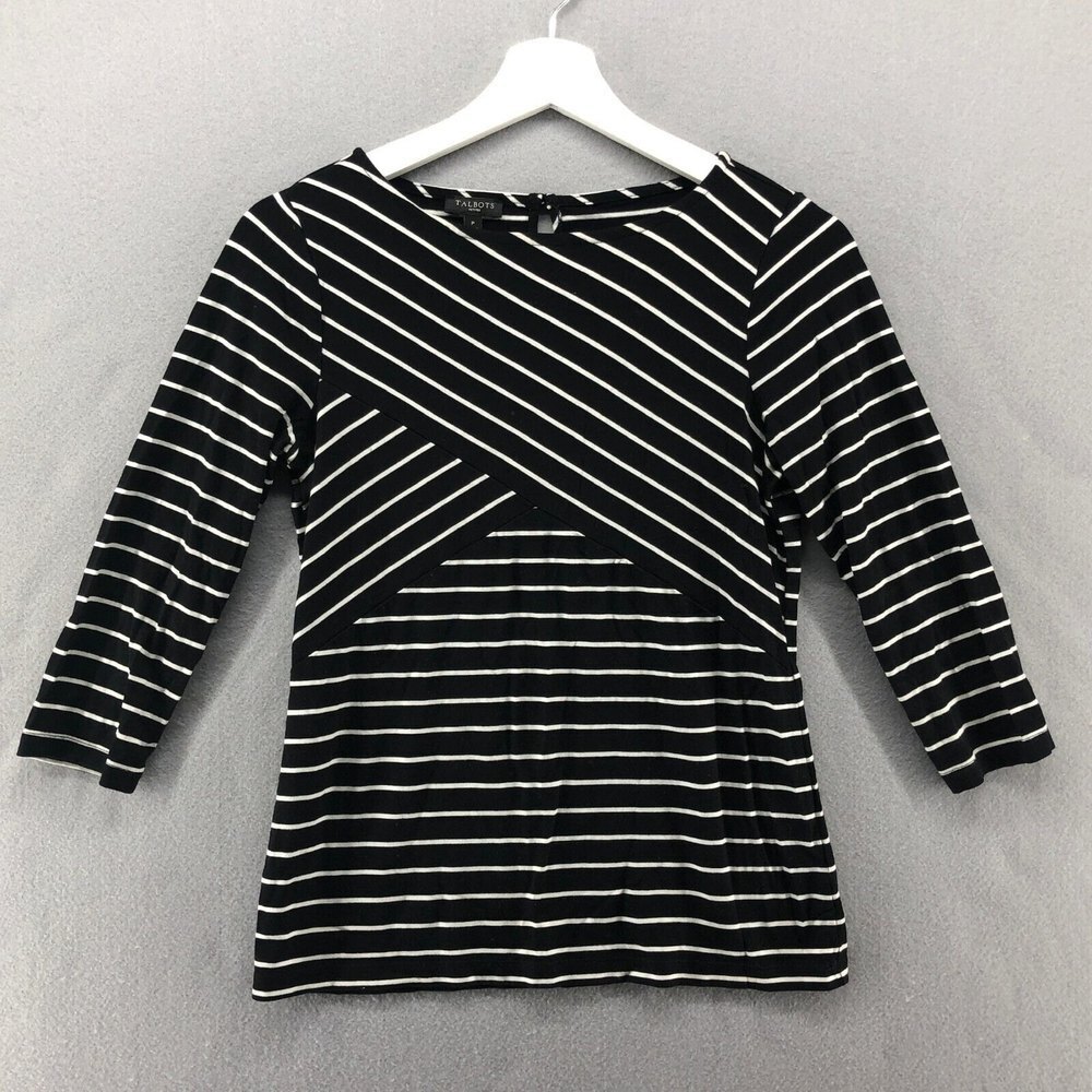 Talbots Asymmetrical Ponte Stretch Rayon T-Shirt Womens Petite Stripe Flattering